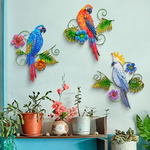 Metal Parrots Wall Decor Outdoor Hanging Sculptures Decor for Yard Garden (3 Count)