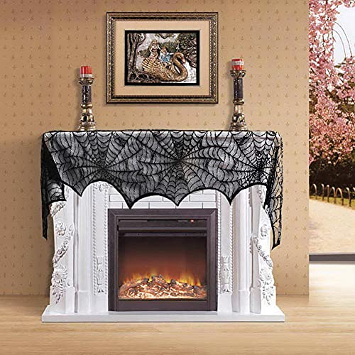 4 Pack Halloween Decorations Tablecloth Runner Black Lace Round Spider Cobweb Table Cover Fireplace Mantel Scarf Spiderweb with 60 Pcs 3D PVC Scary Black Bat Sticker Halloween Party Supplies (63 Count)