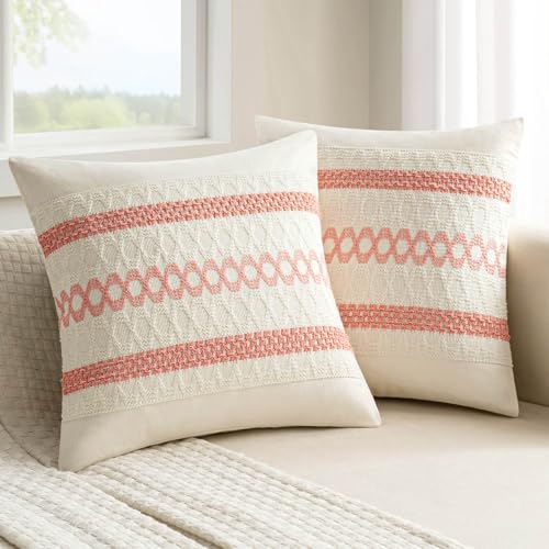 Set of 2 Coral Red Boho Decorative Pillow Covers 18x18 Inch (2 Count)