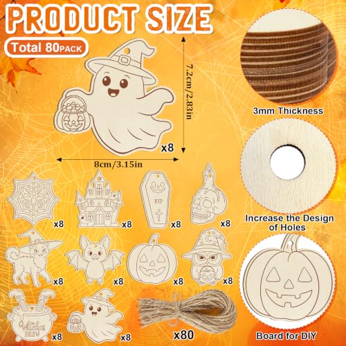 80PCS Wooden Halloween Ornaments to Paint Fall Decorations Crafts for Kids