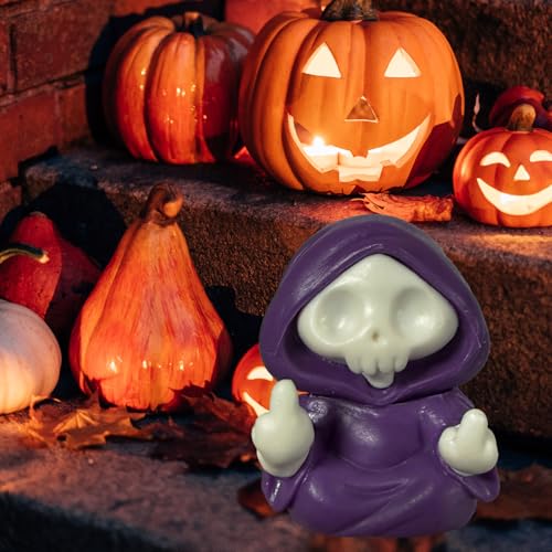 Halloween Skull Figurine Middle Finger Design Halloween Ghost Statue Cool Cute Holiday Tabletop Figurines Ornament Funny Resin Skeleton Statue Indoor Table Shelf Tabletop Home Office Decor