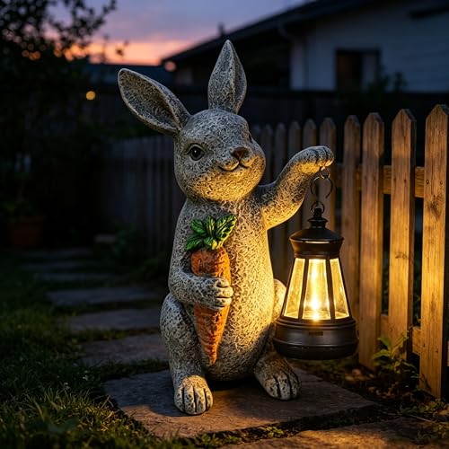 Solar Rabbit Garden Statue with Lantern Bunny & Carrot