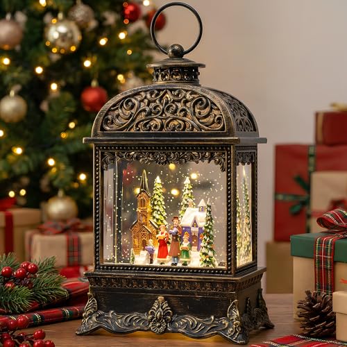 Christmas Village Snow Globe Water Lantern with Church Carolers Scene Battery Operated or USB Powered Musical Lighted Holiday Decoration for Tabletop Display for Family and Friends