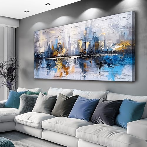 Abstract City Oil Painting Large Home Decor Mural Living Room Bedroom Modern Printed Canvas Wall Art Yellow Blue Graffiti Mural Office Corridor Can Be Directly Hung Wall Decor 24 X 48 In