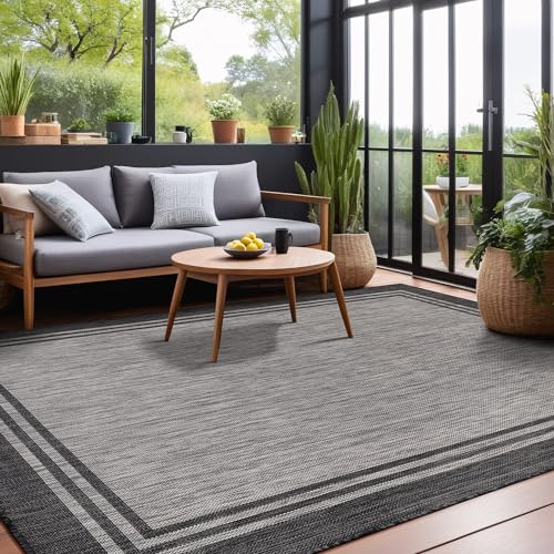 Bordered Outdoor Rug 8x10 Washable Outside Carpet for Indoor Patio Porch Waterproof Easy Cleaning Non Shedding Area Rugs Dark Gray 8 x 10