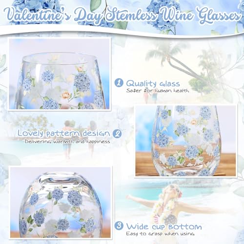 2 Pack 17oz Hydrangea Stemless Wine Glasses Spring Summer Floral Drinking Glasses Hydrangea Tumbler Cups for Spring Summer Parties Supplies Birthday Gift (2 Count)