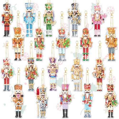 20 Pcs Christmas Diamond Painting Keychain Kits 5d DIY Christmas Nutcracker Diamond Art Pendants Double Sided Hanging Key Chains Xmas Craft Gifts for Adult Holiday Party Decoration DIY (20 Count)