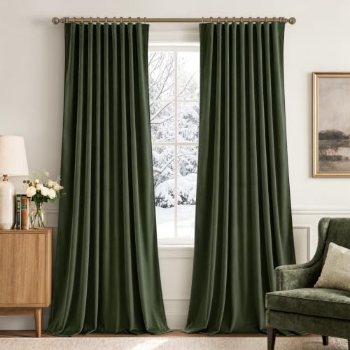 Olive Velvet Pinch Pleat Blackout Curtains W52 X L108 Inches