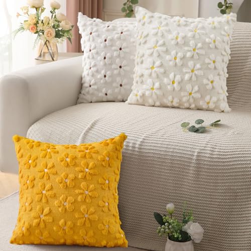 Spring Summer Pillow Covers 20x20 inch Set of 2 White Daisy (2 Count)