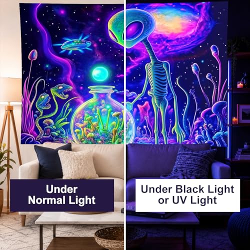 Blacklight Tapestry Alien UFO Wall Hanging 78 x 59 Inch