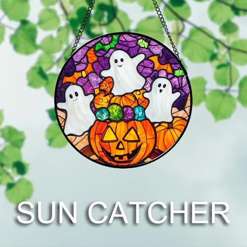 Stained Glass Window Hanging Halloween Horror Pumpkin White Ghost 15"