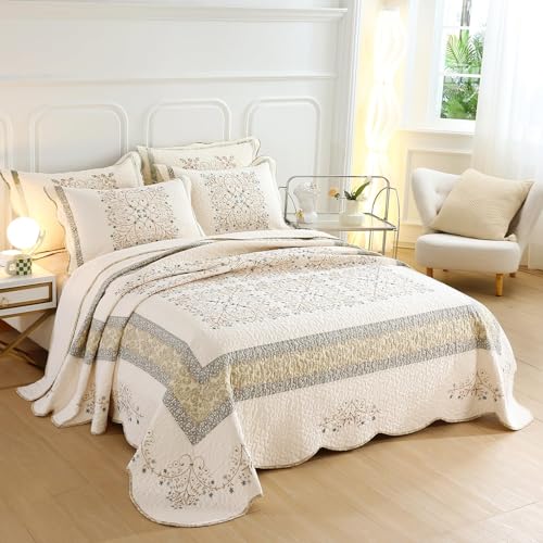 Elegant Embroidered Quilt Set Farmhouse Patchwork Reversible Bedspread Coverlet 3 Piece Cotton Quilted Bedding Set for All Season