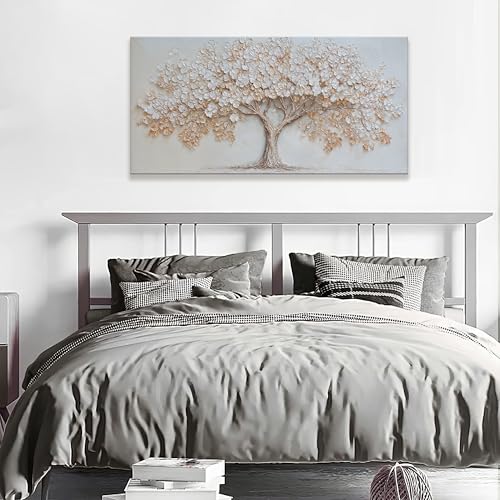 Large Canvas Wall Art Decor Beige Textured Tree of Life Canvas Art Wall Decor For Living Room Modern Decor Nature Botanical Tree Canvas Prints Artwork For Walls Bedroom Home Office Decor 24×48 Inch