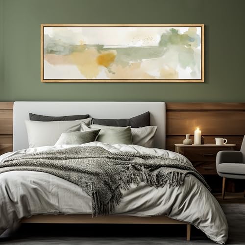 Large Framed Canvas Print Wall Art Serene Watercolor Landscape in Green and Yellow Tones Antique Retro Fine Art Illustrations Decorative Colorful for Bedroom