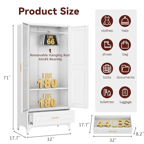 71" Tall Wardrobe Closet with Doors and Adjustable Shelves