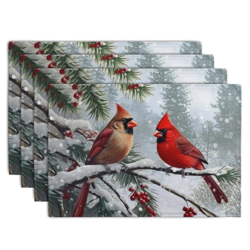 Christmas Placemats Set of 4 Red Cardinal Birds Snowy Place Mats (4 Count)
