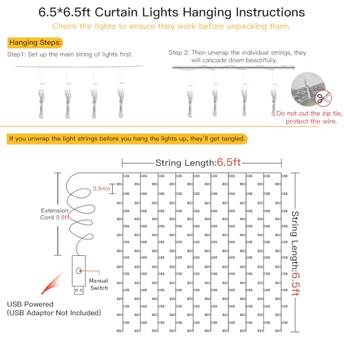 200 LED Curtain Lights Fairy Lights with Remote Bedroom 6.5x6.5ft