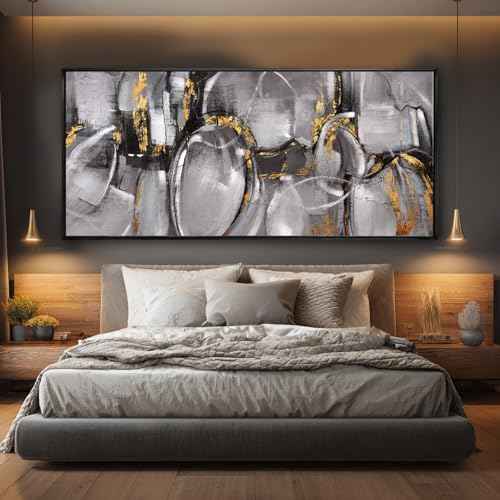 Abstract Canvas Wall Art Grey and Gold Wall Decor Line Print Pictures 32"x70" Bedroom Large Artwork Over Bed Office Posters