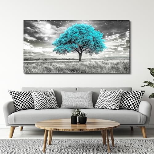 Large Canvas Wall Art For Living Room Wall Decor For Bedroom Corridor Blue Tree Natural Scenery Full Of Stars Black And White Modern Printing Dining Room Kitchen Home Decoration 30 "X 60"