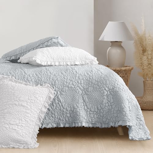 Light Blue Ruffled Quilt Queen Size