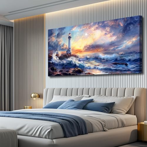 Wall Art For Bedroom Wall Decorations For Living Room Modern Office Wall Decor Seaside Scenery Lighthouse Mountain Pictures Canvas Printed Artwork Restaurant Home Decor Aesthetics 24"X48"