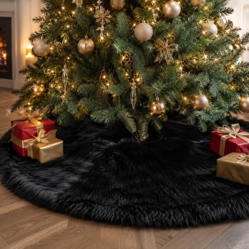 24 Inch Faux Fur Christmas Tree Skirt Black Plush Skirt for Merry Christmas Party Christmas Tree Decoration