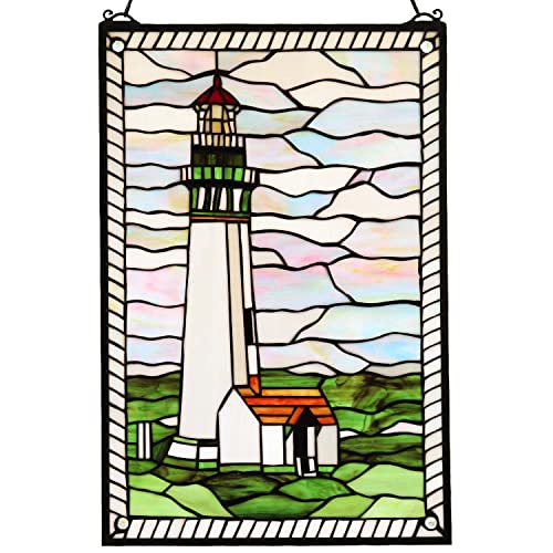 W10005 Pigeon Point Lighthouse Tiffany Style Stained Glass Window Panel with Hanging Chain