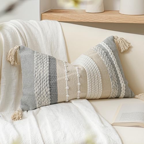 Decorative Lumbar Throw Pillow Cover 14x24 Boho Gray Accent Cushion for Couch Sofa Farmhouse Pillowcase for Bedroom Living Room Home Décor Cover ONLY