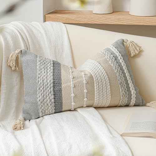Decorative Lumbar Throw Pillow Cover 12x20 Boho Gray Accent Cushion for Couch Sofa Farmhouse Pillowcase for Bedroom Living Room Home Décor Cover ONLY