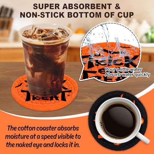 Happy Halloween Cotton Coasters Black Orange Pumpkin Face Handmade Braided Drink Coasters Trick or Treat Absorbent Cup Mats for Party Home Table Decor (4 Count)