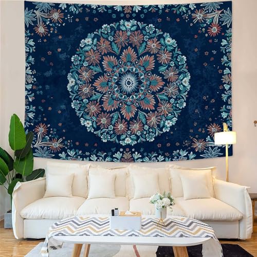 Boho Floral Mandala Tapestry Wall Hanging Blue Bohemian Flower Medallion Tapestry Aesthetic Vintage Navy Hippie Indian Small Tapestries for Bedroom Living Room Dorm Decor 48 x 36 Inch