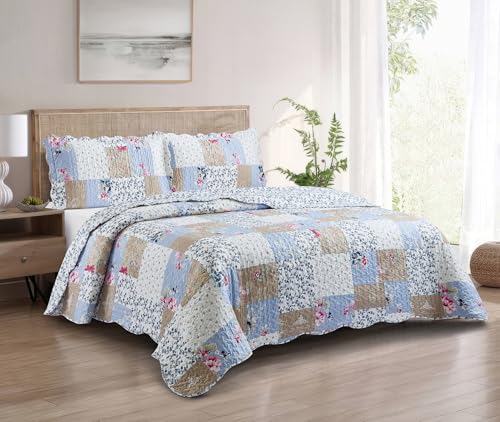 Pink Rose & Beige Toile Patchwork Quilt Set