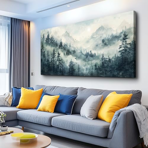 Modern Large Canvas Print Wall Art Misty Forest Landscape Painting Home Decoration Natural Landscape Artwork Picture Living Room Bedroom Office Wall Decoration Ready To Hang 24x48 Inches