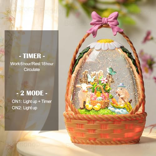 Easter Bunny Snow Globe Basket Egg Easter Decorations for Home Rabbit Sheep Chick Flower Butterfly Tabletop Glitter Snowfall USB