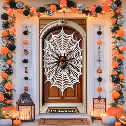 Halloween Door Cover Tarantula Spider Web 35x71 Inch Polyester