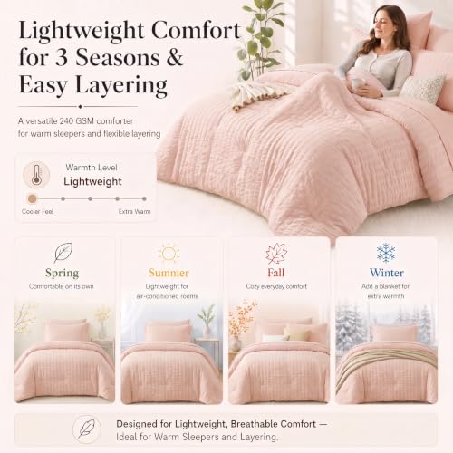 King Size Comforter Set 7 Pieces Blush Pink Seersucker Bed in a Bag