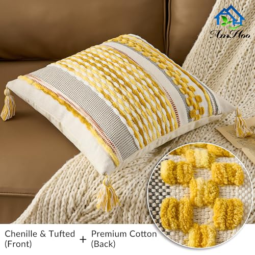 Chenille Striped Textured Boho Throw Pillow Covers Aesthetic with Tassels Woven Decorative Pillow Case for Couch Bed Sofa Bedroom Modern Funky 18 x 18