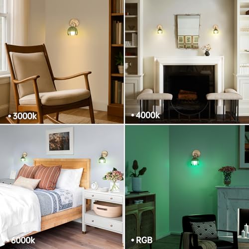 Vintage Battery Operated Wall Sconce with Green Tulip Glass Lampshade 5000 mAh Rechargeable Battery Powered Wall Light with Remote Control for Bedside Bedroom Doorway (2 Count)