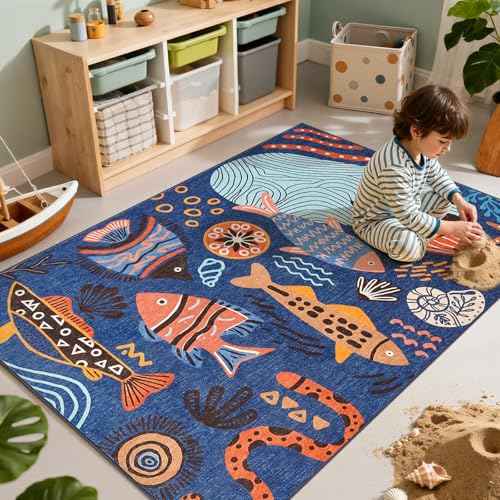 5x7 Coastal Area Rug Kids Washable Fun Rug Colorful Ocean Fish Indoor Floor Cover Non Slip Lightweight Soft Cozy Carpet for Bedroom Nursery Playroom Daycare Living Room (35 Sq Ft)