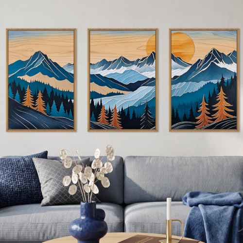 Boho Vintage Mountain Framed Canvas Wall Art Set