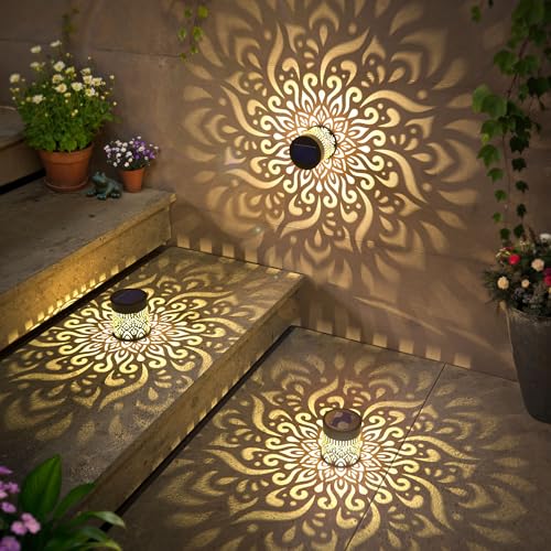 4 Pack Large Solar Fence Lights Metal Solar Powered Outdoor Wall Deck Step Lights Mandala Theme Waterproof Fence Light for Garden Post Patio Backyard Yard Decor (4 Count)
