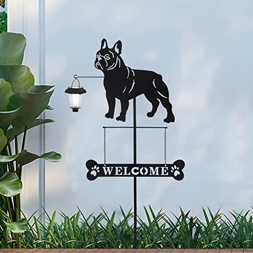 Solar French Bulldog Dog Breed Silhouette Welcome Sign with a Lantern