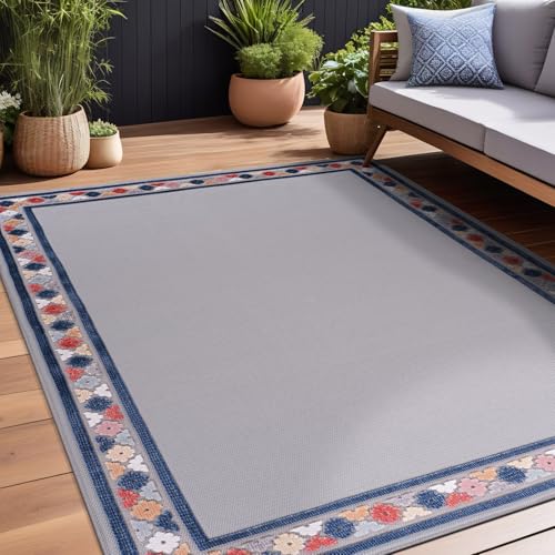 Outdoor Rug 5x7 Modern Bordered Area Rugs for Indoor and Outdoor Patio Easy to Clean Non Shedding Living Room Porch Garden Washable Outside Carpet