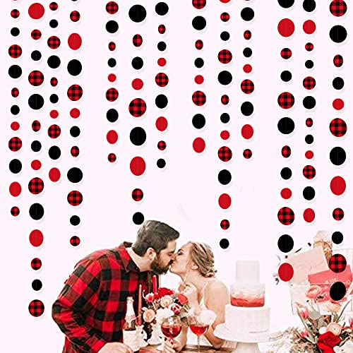 46Ft Buffalo Plaid Polka Dot Garlands Black Red Checkered Paper Circle Dot Streamer Banner for Birthday Bridal Shower Bachelorette Christmas Holiday Halloween Party Decorations Supplies
