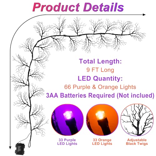 9 FT 66 LED Willow Vine Twig Decor Black Halloween Garland with Orange Purple Lights
