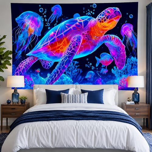 Blacklight Tapestry Turtle Ocean Room Wall Art 78 x 59 Inch