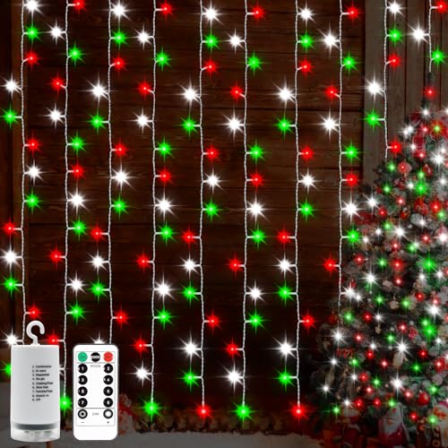 Red White and Green Christmas Curtain Lights Battery Operated (300 Count)