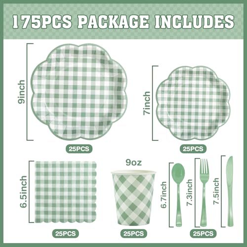 175 Pcs Sage Green Gingham Paper Plates and Napkins Party Supplies (175 Count)