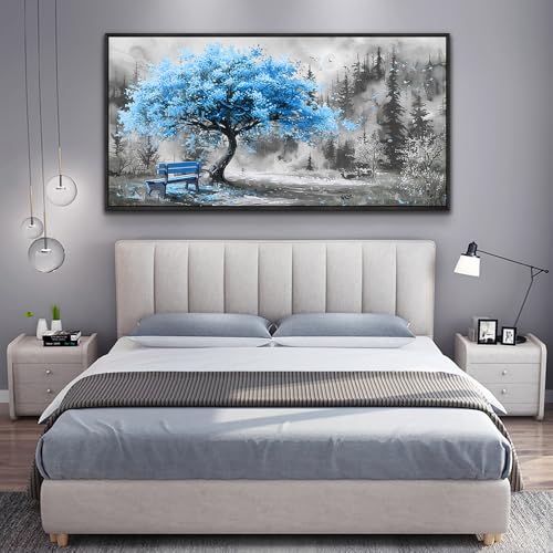Black Framed Canvas Wall Art For Living Room Large Wall Decor For Office Bedroom Decorations Blue Tree Landscape Pictures Black And White Paintings Artwork Aesthetic Home Decor 30x60 In
