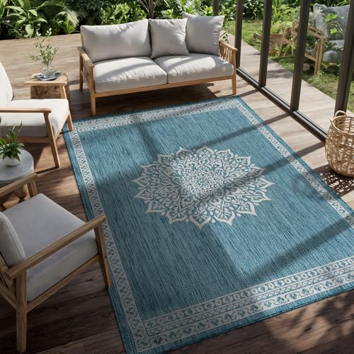 Outdoor Rug 10x14 Medallion Aqua Modern Large Area Rugs for Indoor and Outdoor Patios Kitchen and Hallway Mats Washable Porch Deck Outside Carpet (140 Sq Ft)